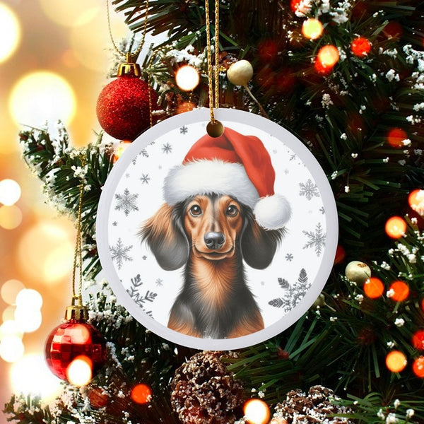 Santa Hat Dog Holiday Ornament, Dachshund Christmas Ornament, Adorable Weiner Dog Ceramic Ornament, Puppy Tree Decor, Present