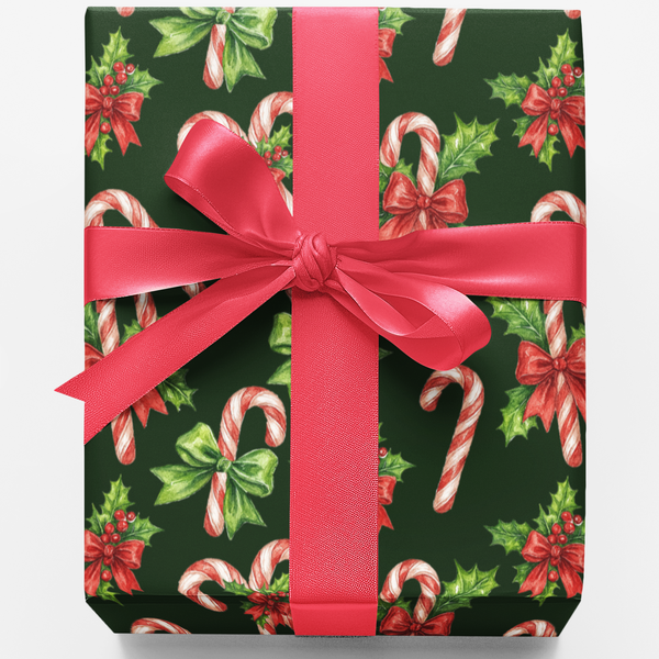 Holly Holiday Gift Wrap, Watercolor Candy Cane Christmas Wrapping Paper, Festive Xmas Present Wrapping Paper, Winter Season G