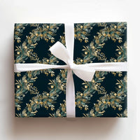 Elegant Gold Green Gift Wrap Roll, Botanical Wreath Christmas Wrapping Paper, Winter Holiday Present Paper, Dark Floral Gift Wrap