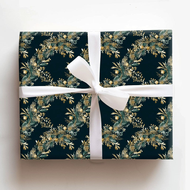 Elegant Gold Green Gift Wrap Roll, Botanical Wreath Christmas Wrapping Paper, Winter Holiday Present Paper, Dark Floral Gift Wrap
