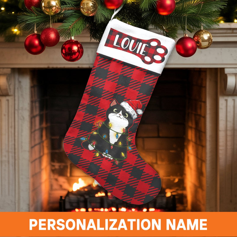 Buffalo Plaid Cat Christmas Stocking, Personalized Tuxedo Cat Christmas Stocking, Santa Hat Pet Holiday Stocking, Custom Cat Lover Xmas Present