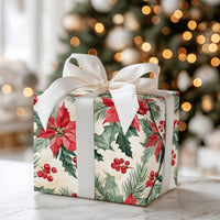 Christmas Pine Botanical Gift Wrap, Watercolor Poinsettia Wrapping Paper, Red Holly Berry Wrapping Paper, Traditional Holiday Wrapping Paper