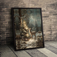 Fawn and Lit Tree Winter Landscape Print, Christmas Forest Canvas Wall Art, Comfy Holiday Forest Decor, Christmas Deer Wall Art Present