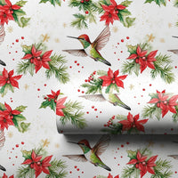 Watercolor Bird Gift Wrap, Hummingbird Christmas Wrapping Paper, Festive Poinsettia Holly Paper, Holiday Gift Wrap Roll