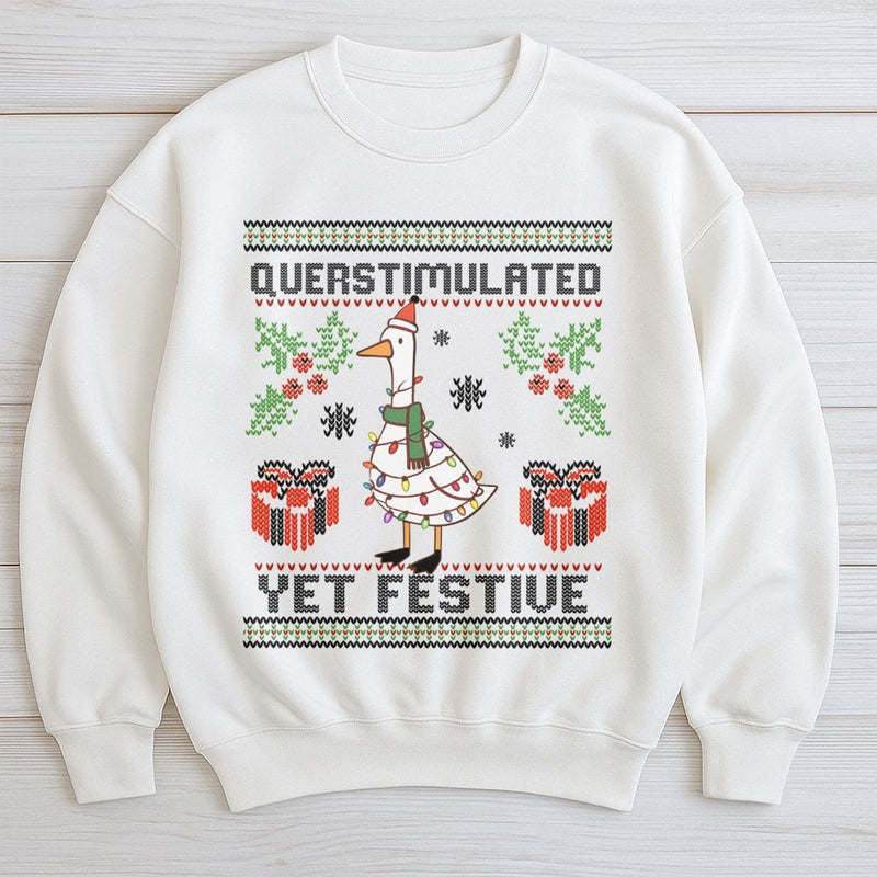 Humorous Christmas Bird Sweater, Overstimulated Yet Festive Goose Sweatshirt, Quirky Holiday Goose Crewneck, Duck Lover Xmas Present Sweatshirt