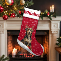 Personalized Dog Holiday Stocking, Dog Reindeer Antlers Christmas Stocking, Custom Pet Christmas Stocking, Festive Fireplace Mantle Decor