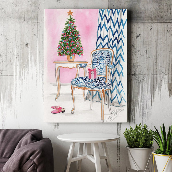 Festive Holiday Room Decor, Watercolor Christmas Tree and Leopard Chair Canvas Wall Art, Preppy Xmas Poster, Winter Seasonal 