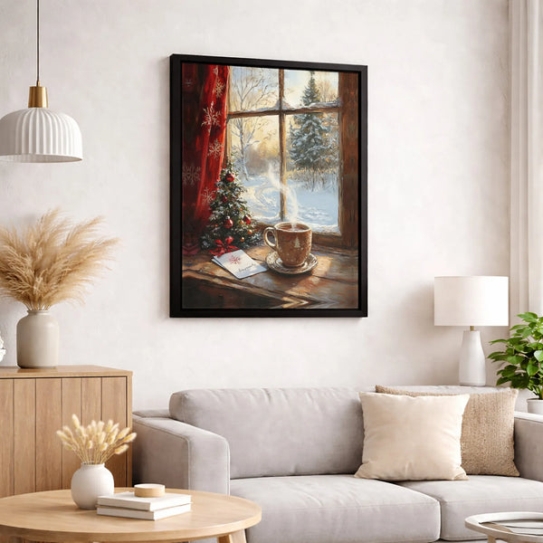 Snowy Cabin Winter Forest View Print, Christmas Window Canvas Wall Art, Festive Holiday Wall Decor, Comfy Art, Digital Downlo