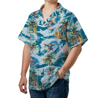 Tropical Christmas Aloha Shirt, Surfing Santa Hawaiian Shirt, Palm Tree Holiday Button Up Shirt, Festive Summer Beach Xmas Present for Men