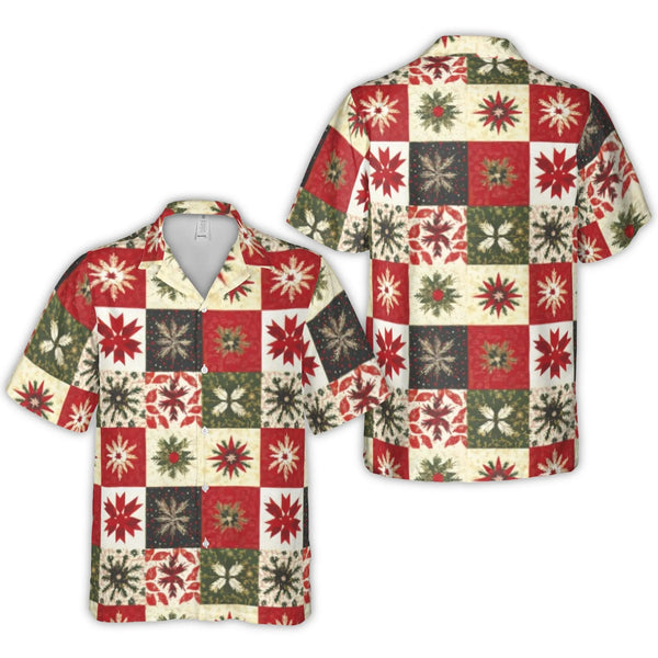 Festive Holiday Quilt Aloha Shirt, Christmas Snowflake Hawaiian Shirt, Winter Xmas Party Button Up, Tropical Christmas Shirt,