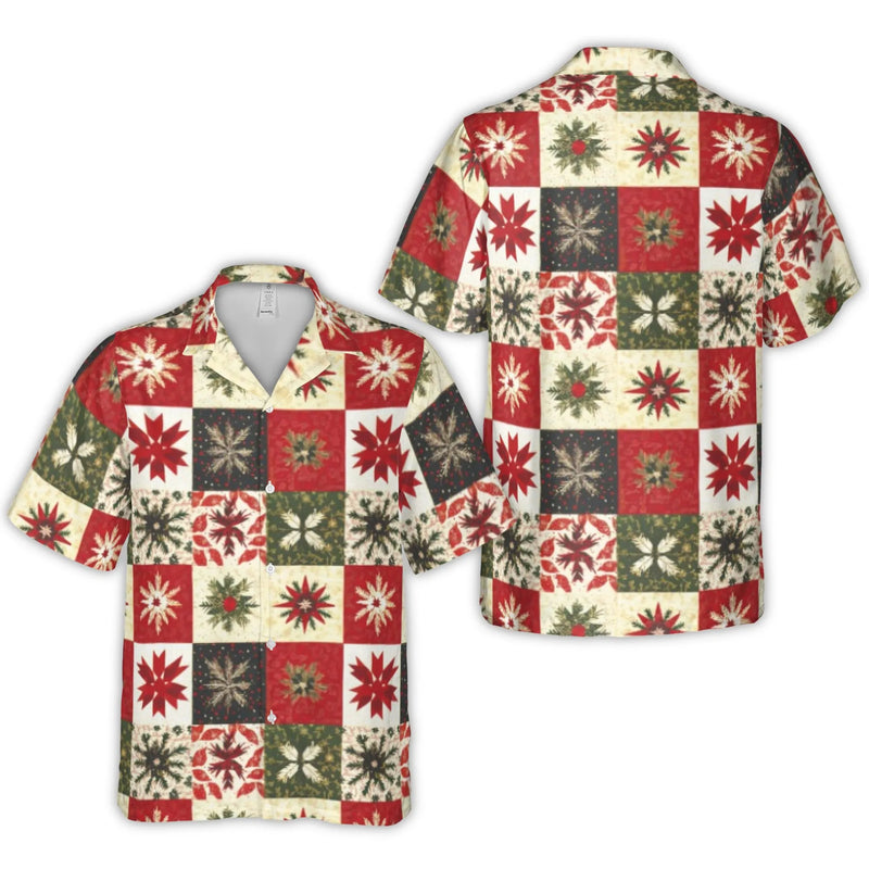 Festive Holiday Quilt Aloha Shirt, Christmas Snowflake Hawaiian Shirt, Winter Xmas Party Button Up, Tropical Christmas Shirt, Present for Men
