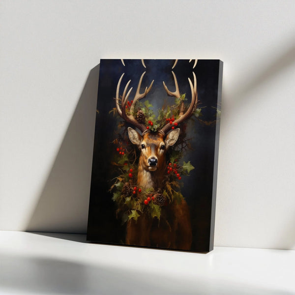 Rustic Deer Holly Wreath Print, Christmas Stag Canvas Wall Art, Holiday Winter Wildlife Canvas Painting Home Decor