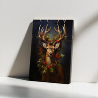 Rustic Deer Holly Wreath Print, Christmas Stag Canvas Wall Art, Holiday Winter Wildlife Canvas Painting Home Decor