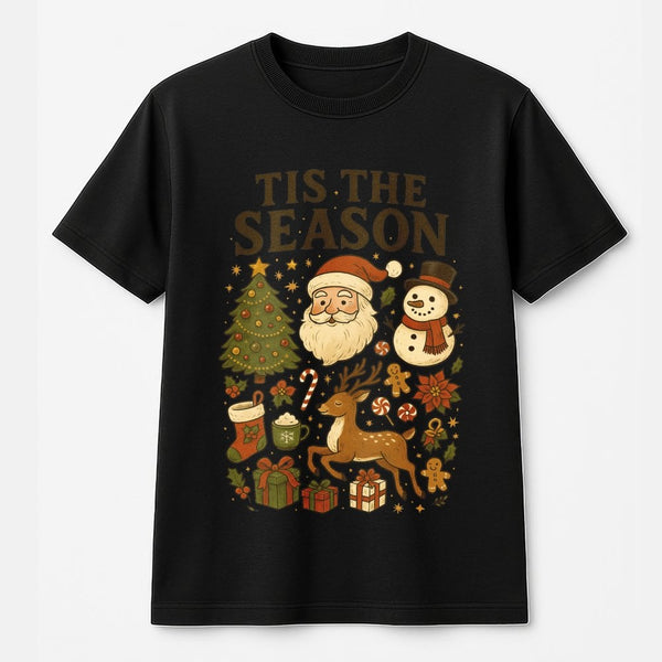 Tis the Season Holiday T-Shirt, Retro Santa Snowman Christmas Shirt, Vintage Winter Graphic Tee, Adorable Christmas Tee, Pres