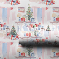 Comfy Watercolor Holiday Gift Wrap, Christmas Living Room Wrapping Paper, Festive Xmas Home Gift Wrapping Paper, Winter Tree Present Wrap