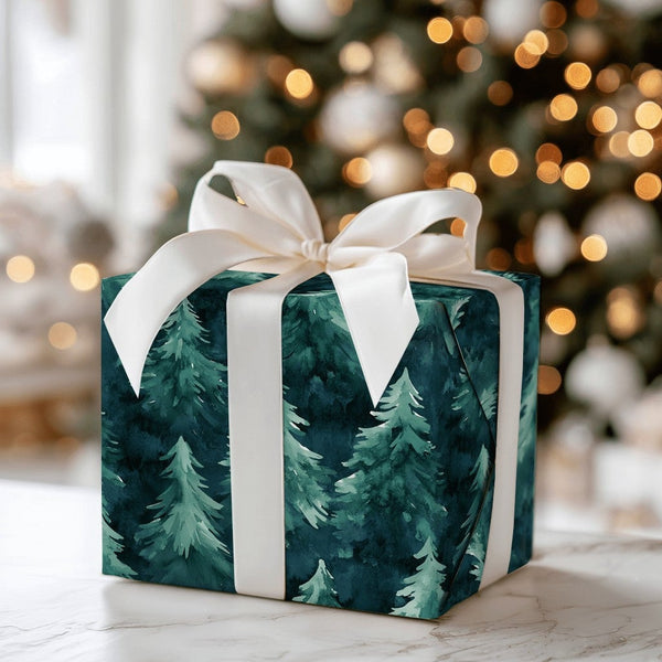 Dark Forest Woodland Gift Wrap, Watercolor Pine Tree Wrapping Paper, Christmas Tree Wrapping Paper, Rustic Winter Holiday Pre