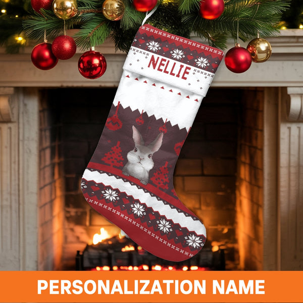 Nordic Rabbit Holiday Stocking, Adorable Bunny Christmas Stocking, Personalized Christmas Stocking, Custom Pet Stocking, Xmas