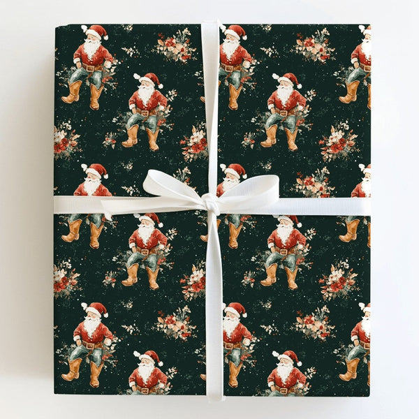 Western Floral Holiday Gift Wrap, Cowboy Santa Christmas Wrapping Paper, Rustic Country Santa Wrapping Paper, Dark Green Xmas