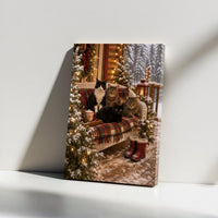 Snowy Porch Cat Wall Art, Christmas Cats Canvas, Comfy Cabin Holiday Cat Print, Winter Plaid Cat Canvas Art, Cat Lover Present Decor