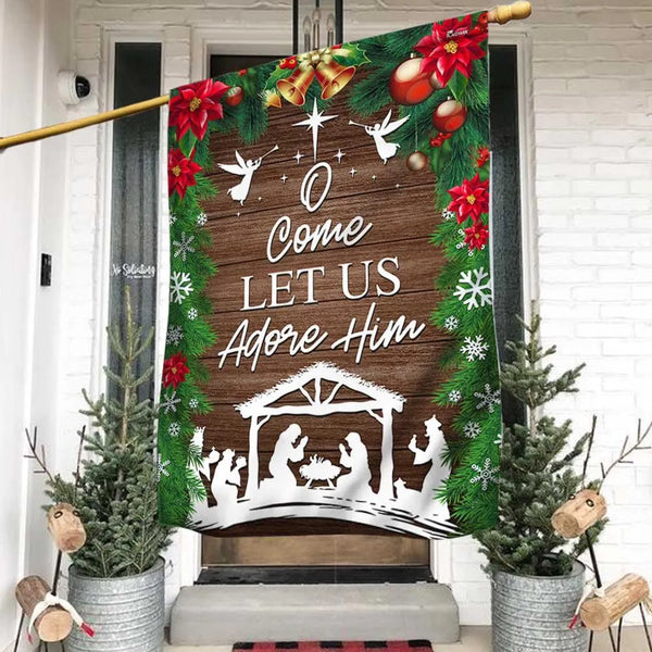 O Come Let Us Adore Him Yard Flag, Nativity Scene Christmas Garden Flag, Double-Sided Christian Holiday Lawn Flag, Manger Dec