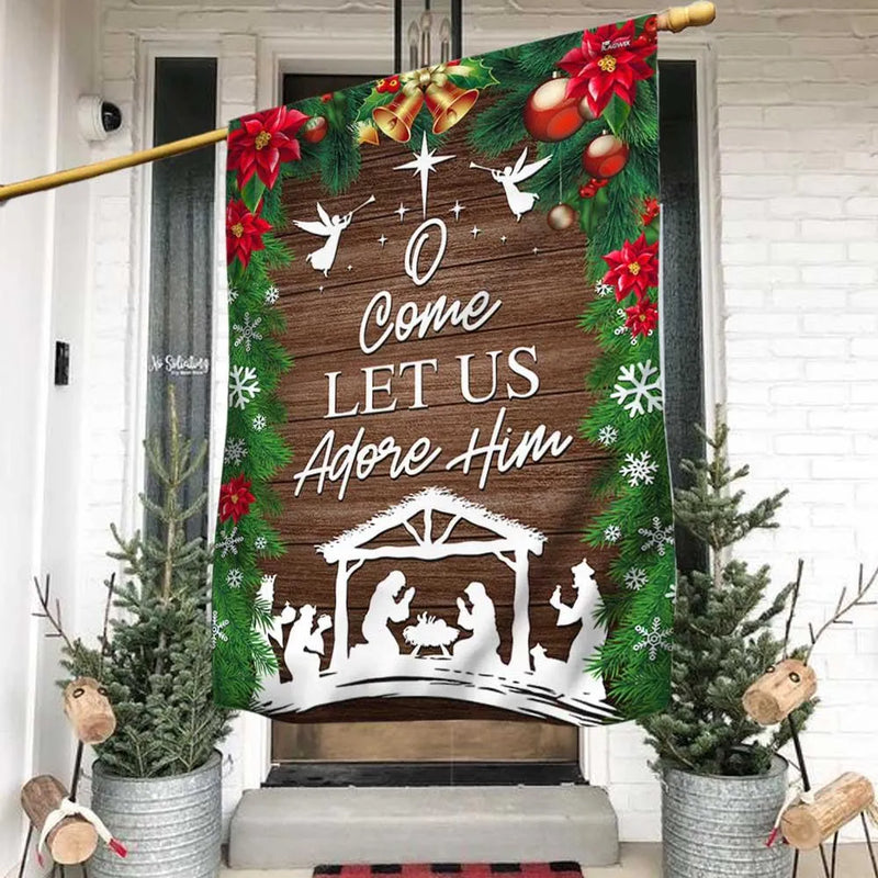 O Come Let Us Adore Him Yard Flag, Nativity Scene Christmas Garden Flag, Double-Sided Christian Holiday Lawn Flag, Manger Decor