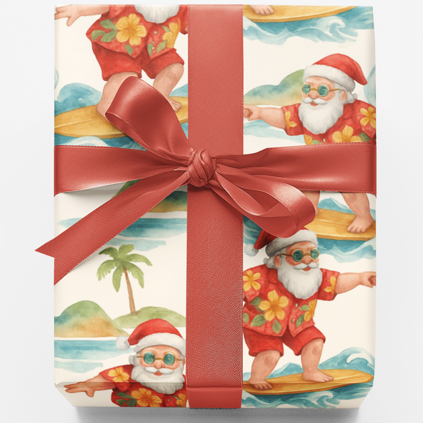 Tropical Santa Gift Wrap, Surfing Santa Christmas Wrapping Paper, Hawaiian Holiday Wrapping Paper, Coastal Xmas Gift Wrap, Be