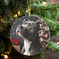Pitbull Dog Holiday Ornament, Grey Pitbull Christmas Ornament, Winter Pitbull Ceramic Ornament, Pet Keepsake Decor, Dog Lover Christmas Present