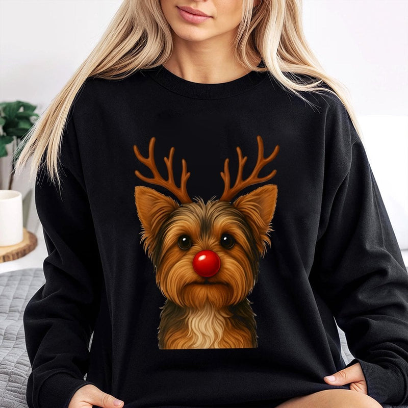 Reindeer Dog Holiday Sweater, Yorkie Christmas Sweatshirt, Humorous Yorkshire Terrier Xmas Crewneck, Adorable Pet Lover Christmas Present