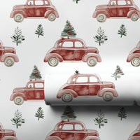 Classic Holiday Tree Gift Wrap, Vintage Red Car Christmas Wrapping Paper, Retro Auto Christmas Wrapping Paper, Seasonal Present Packaging