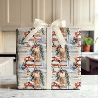 Winter Sled Holiday Gift Wrap, Snowy Front Porch Christmas Wrapping Paper, Rustic Cottage Porch Wrapping Paper, Festive Winter Gift Wrap
