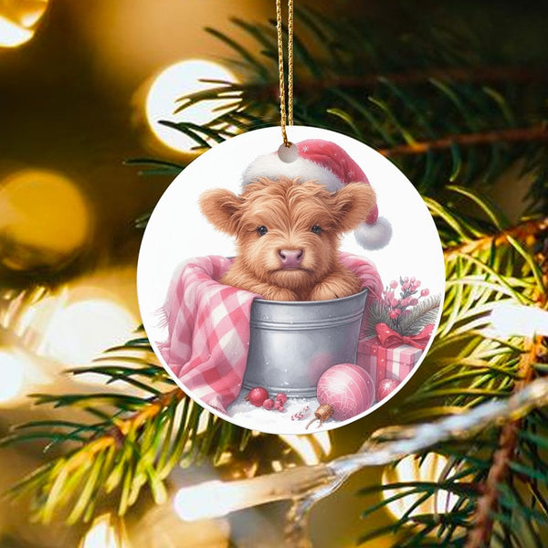 Santa Hat Plaid Cow Ornament, Baby Highland Cow Christmas Ornament, Adorable Farmhouse Animal Ceramic Ornament, Holiday Tree 