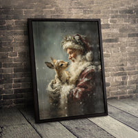 Vintage Christmas Canvas Painting, Santa Claus with Fawn Canvas Wall Art, Holiday Winter Scene Canvas Print, Festive Xmas Wall Art Decor