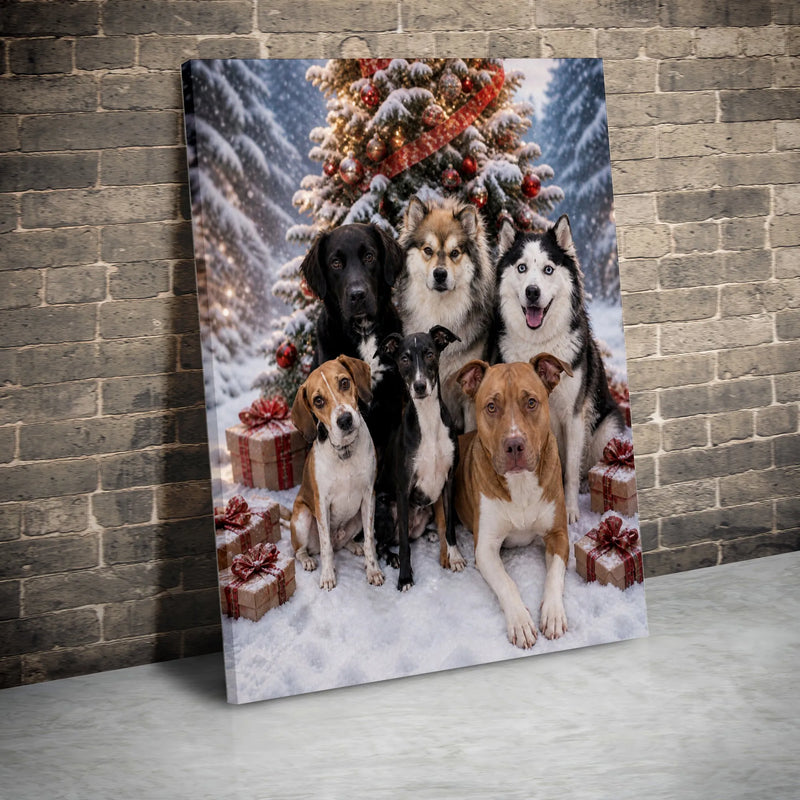 Festive Dog Pack Holiday Art Print, Christmas Dogs Wall Art, Snowy Christmas Tree Dogs Poster, Adorable Pet Lover Xmas Decor Digital Download