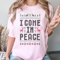 Humorous Ugly Christmas Sweater Graphic Shirt, I Come in Peace T-Shirt, Retro Xmas Alien Holiday Tee, Festive Winter Graphic T-Shirt