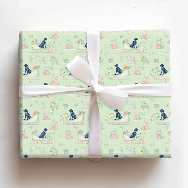 Watercolor Dog Sleigh Gift Wrap, Black Labrador Christmas Wrapping Paper, Pastel Village Holiday Wrapping Paper, Adorable Dog