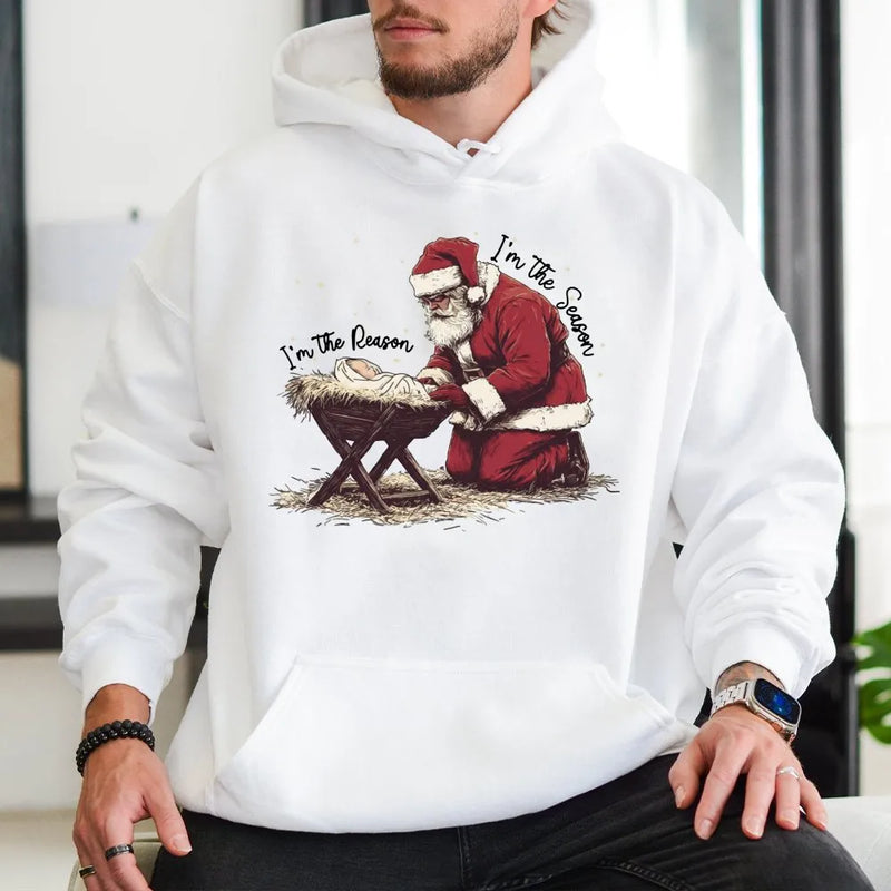 Santa Kneeling Nativity Sweatshirt, Jesus Is the Reason Christmas Hoodie, Christian Holiday Graphic Pullover, Faith Religious Xmas Present