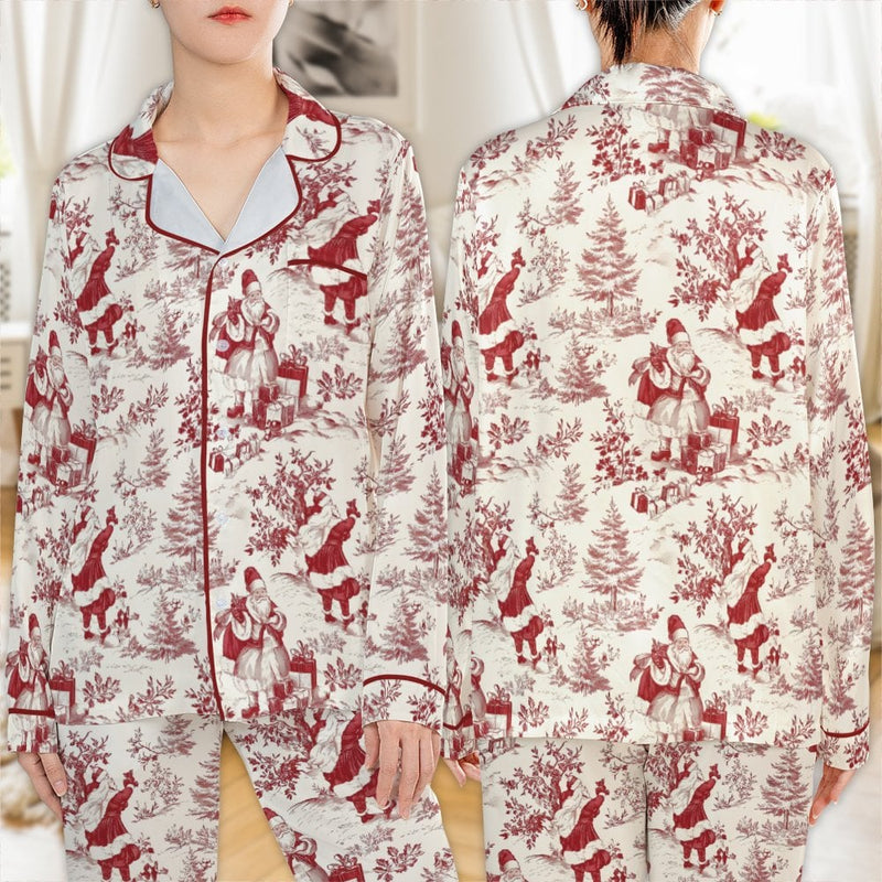 Classic Christmas Pajamas, Vintage Santa Toile Satin Pajama Set, Long Sleeve Holiday Pajama Set, Retro Winter Loungewear, Present for Women
