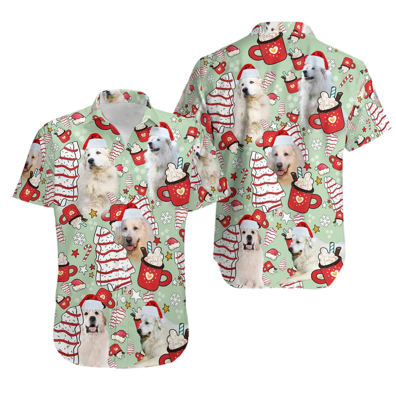Festive Dog Santa Hat Aloha Shirt, Great Pyrenees Christmas Hawaiian Shirt, Adorable Puppy Holiday Button Up Shirt, Dog Lover Xmas Present