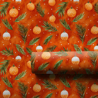 Watercolor Pine Wrapping Paper, Orange Ornament Wrapping Paper, Festive Christmas Wrapping Paper, Holiday Gift Wrap Roll