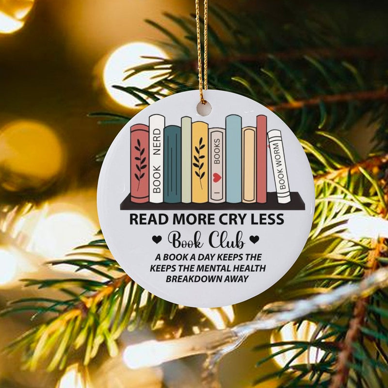 Book Lover Bookshelf Ornament, Read More Cry Less Christmas Ornament, Ceramic Reading Tree Ornament, Humorous Bookish Decor, Book Club Present