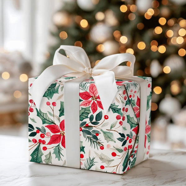 Holly Berry Christmas Gift Wrap, Watercolor Poinsettia Wrapping Paper, Botanical Holiday Wrapping Paper, Festive Floral Gift 