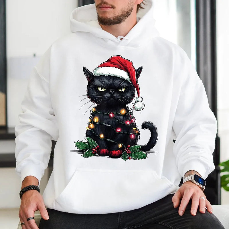 Humorous Santa Kitten Hoodie, Grumpy Black Cat Christmas Hoodie, Retro Spooky Cat Sweatshirt, Holiday Cat Lover Hooded Sweatshirt, Xmas Present