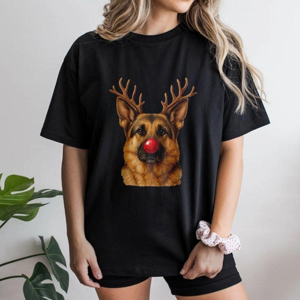 Reindeer Antlers Dog Shirt, German Shepherd Christmas T-Shirt, Humorous Holiday Canine Graphic Tee, Xmas Dog Lover Shirt, Ger