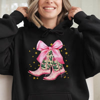 Western Holly and Bow Hooded Sweatshirt, Pink Cowboy Boots Christmas Hoodie, Coquette Cowgirl Pullover, Festive Holiday Present for Her