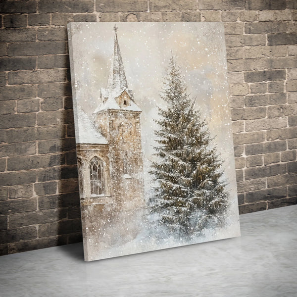 Snowy Christmas Tree Canvas Print, Winter Church Canvas Wall Art, Winter Landscape Canvas, Rustic Holiday Wall Decor, Christm