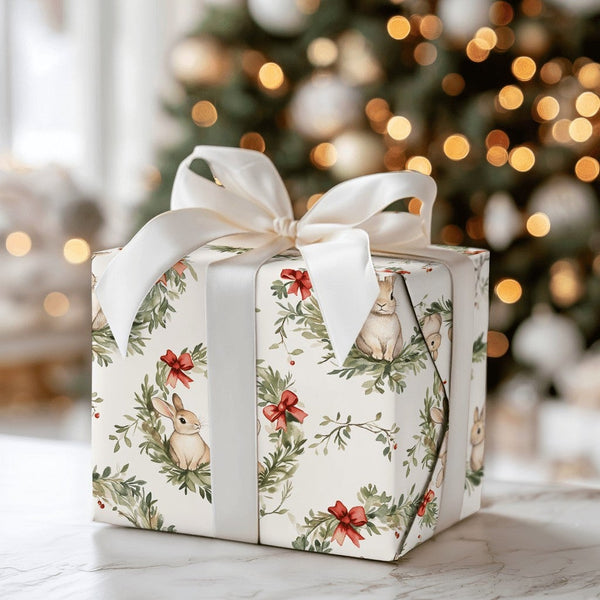Festive Woodland Bunny Gift Wrap, Watercolor Bunny Christmas Wrapping Paper, Adorable Winter Rabbit Bunny Wrapping Paper, Hol