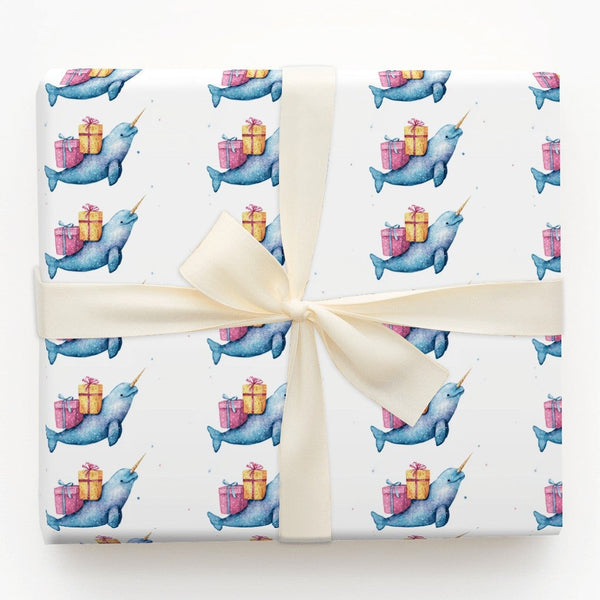 Adorable Ocean Animal Gift Wrap, Watercolor Narwhal Christmas Wrapping Paper, Birthday Present Wrapping Paper, Whimsical Holi
