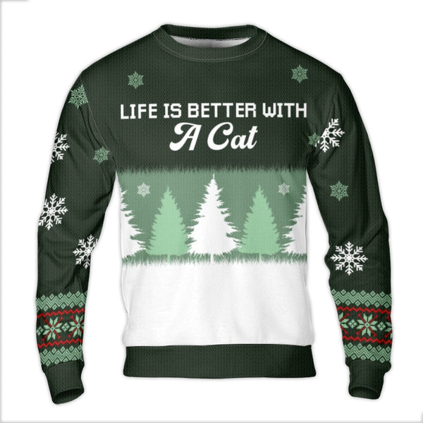 Festive Cat Tree Sweater, Life Is Better with a Cat Ugly Christmas Sweater, Snowflake Cat Holiday Sweatshirt, Cat Lover Xmas 