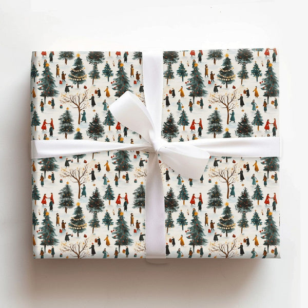Winter Village Landscape Gift Wrap, Christmas Tree Farm Wrapping Paper, Painterly Holiday Wrapping Paper, Festive Market Gift