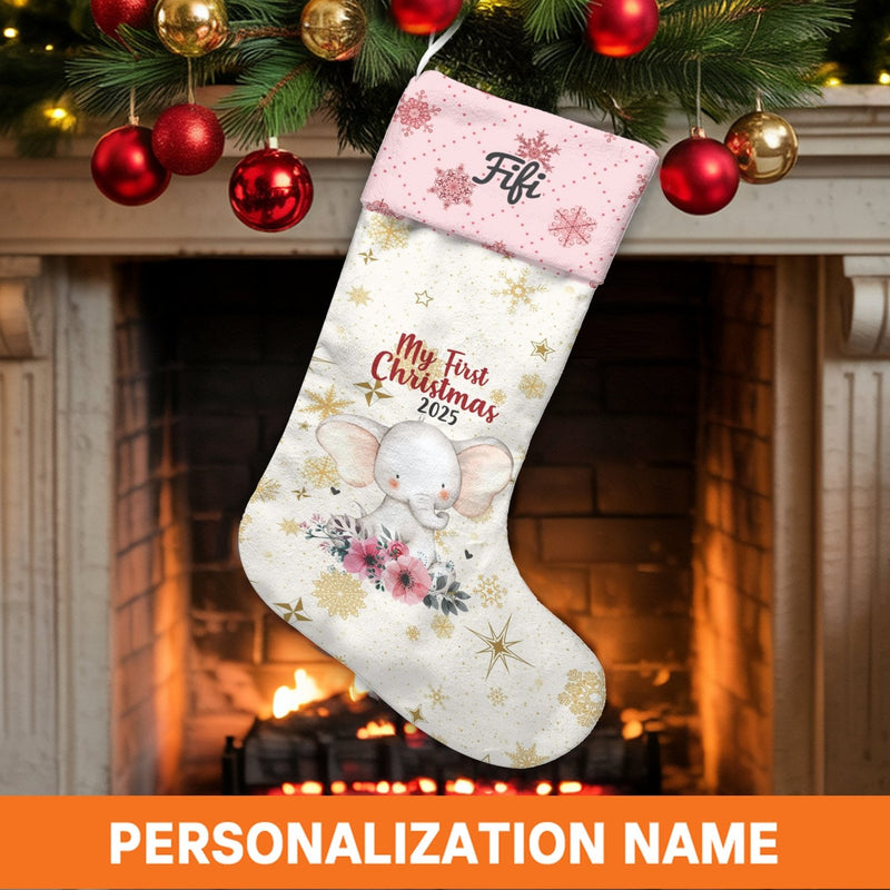 First Christmas Stocking, Personalized Baby Elephant Christmas Stocking, Floral Custom Name Holiday Stocking, Newborn Keepsake Baby Present